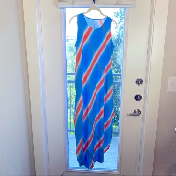 Zenana Candy Stripped Sleeveless Small Maxi Side Slits Pockets Deep Sky Color - Picture 2 of 4